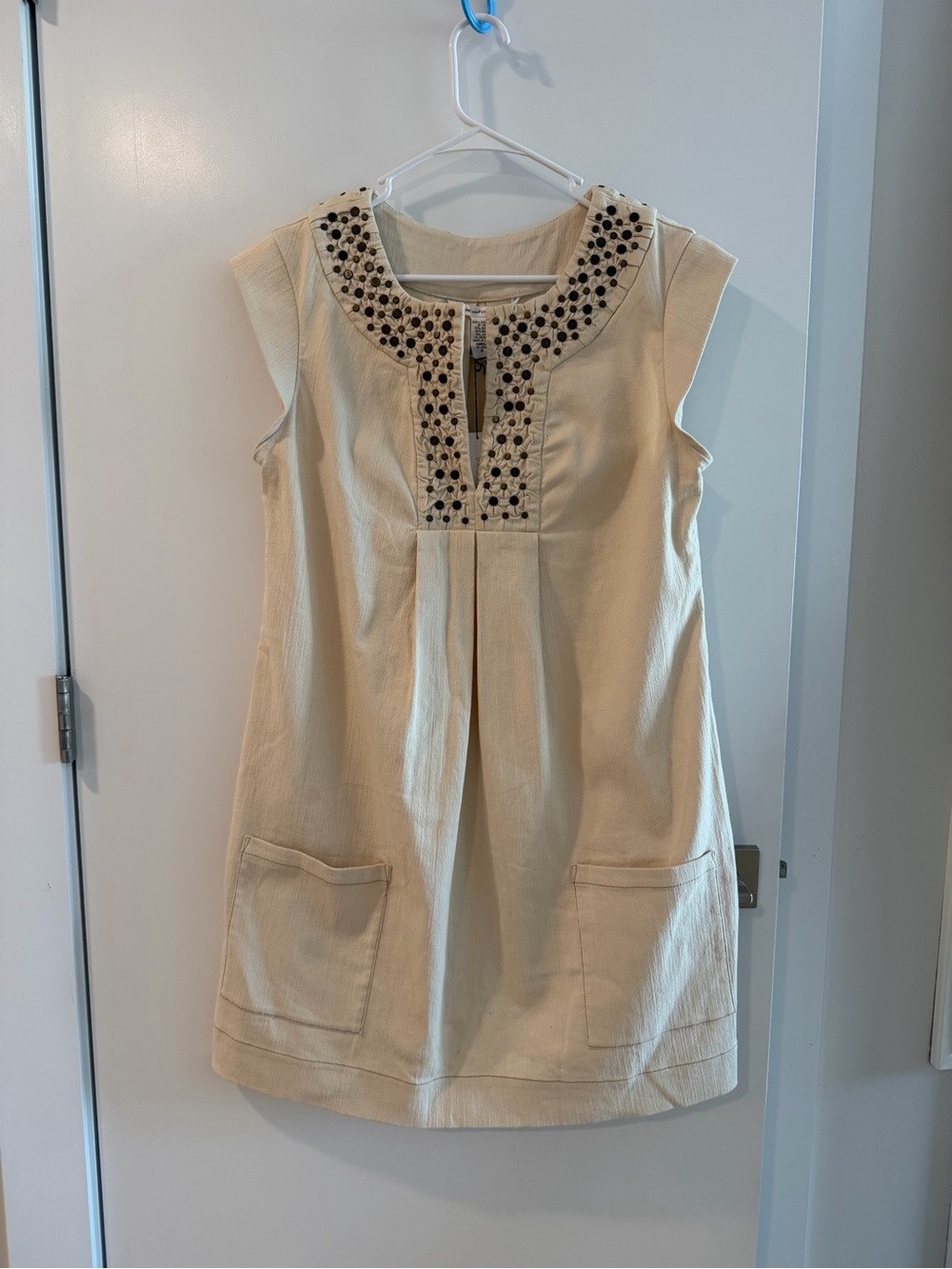 Diane Von Furstenberg Cream Beaded-Neckline Mini Dress